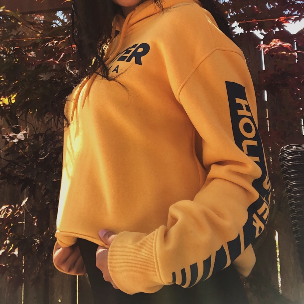 Bright yellow unisex Hollister hoodie with fleece